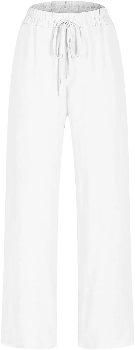 Womens Casual Linen High Waist Pants Drawstring Loose Fit Summer Pants Fashion Solid Color Trousers with Pockets