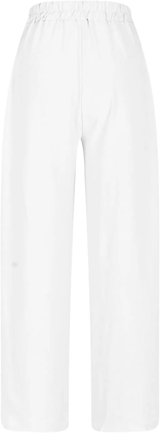 Womens Casual Linen High Waist Pants Drawstring Loose Fit Summer Pants Fashion Solid Color Trousers with Pockets