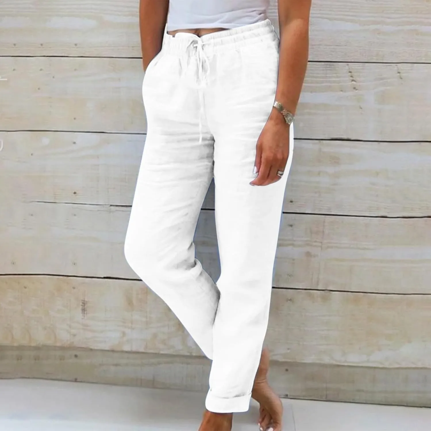 Womens Casual Linen High Waist Pants Drawstring Loose Fit Summer Pants Fashion Solid Color Trousers with Pockets