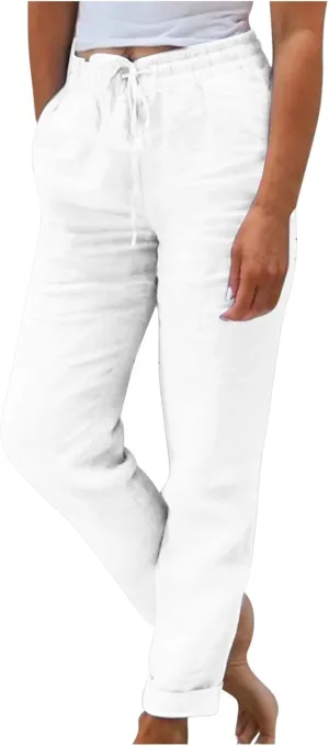 Womens Casual Linen High Waist Pants Drawstring Loose Fit Summer Pants Fashion Solid Color Trousers with Pockets