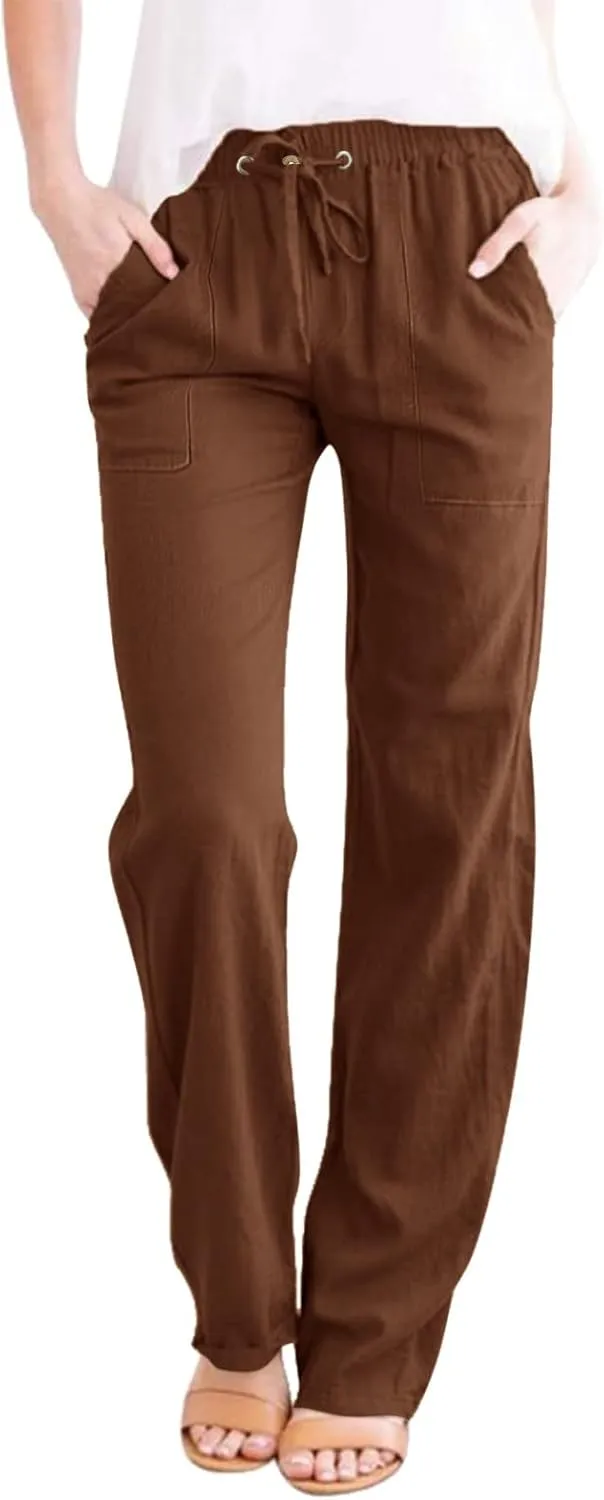 Womens Casual Linen High Waist Pants Drawstring Loose Fit Summer Pants Trousers with Side Pockets 2025