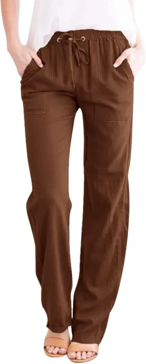 Womens Casual Linen High Waist Pants Drawstring Loose Fit Summer Pants Trousers with Side Pockets 2025