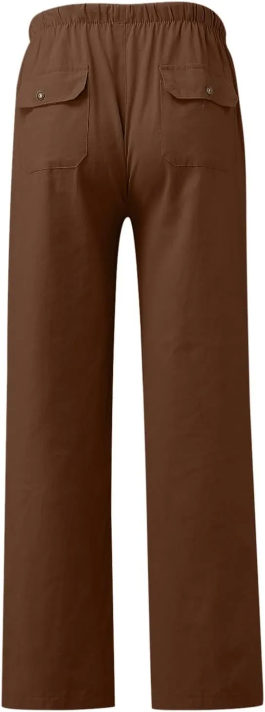 Womens Casual Linen High Waist Pants Drawstring Loose Fit Summer Pants Trousers with Side Pockets 2025