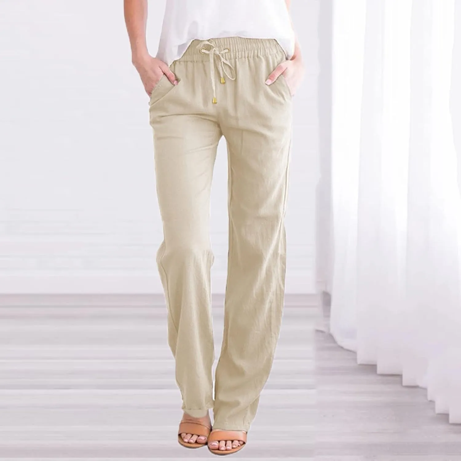 Womens Casual Linen High Waist Pants Straight Leg Drawstring Long Trouser Summer Loose Fit Pants with Pockets