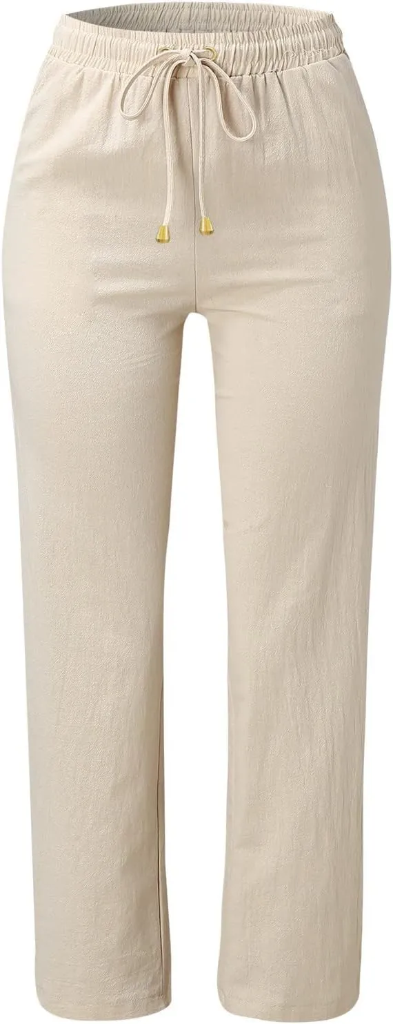 Womens Casual Linen High Waist Pants Straight Leg Drawstring Long Trouser Summer Loose Fit Pants with Pockets