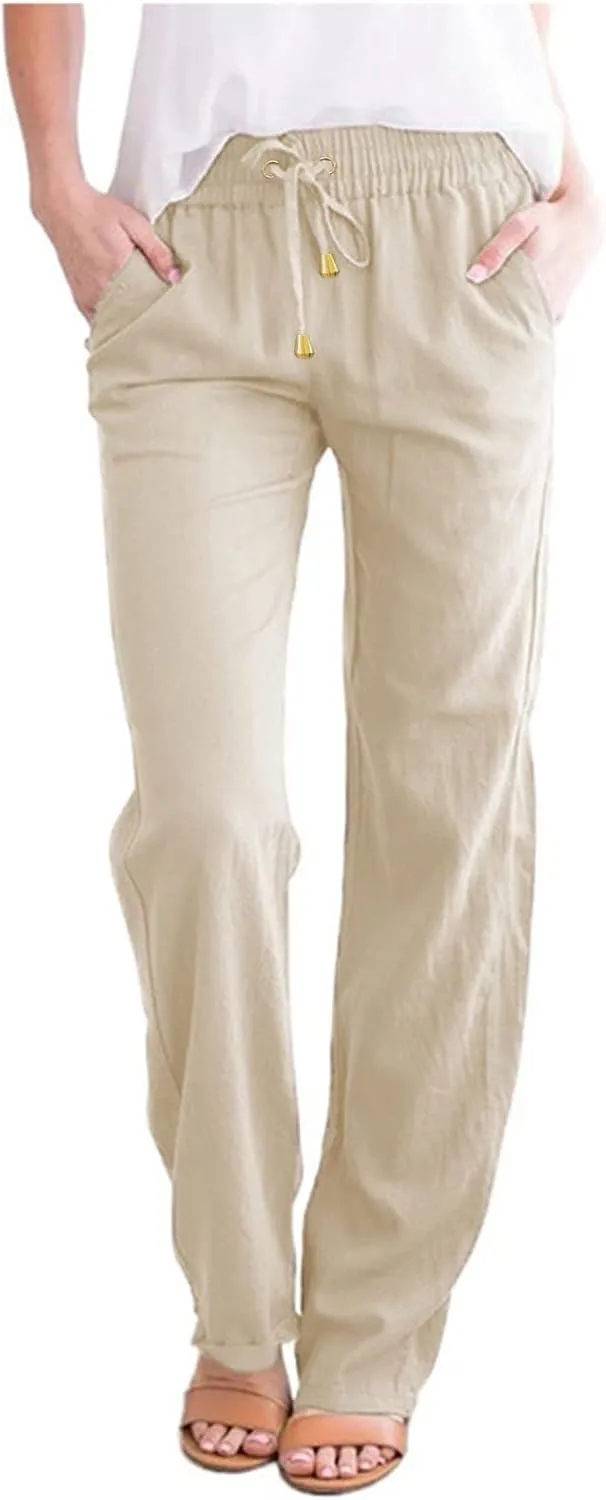 Womens Casual Linen High Waist Pants Straight Leg Drawstring Long Trouser Summer Loose Fit Pants with Pockets