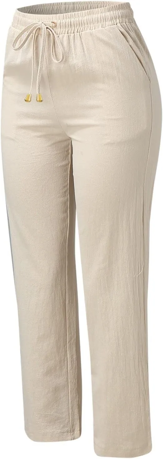 Womens Casual Linen High Waist Pants Straight Leg Drawstring Long Trouser Summer Loose Fit Pants with Pockets