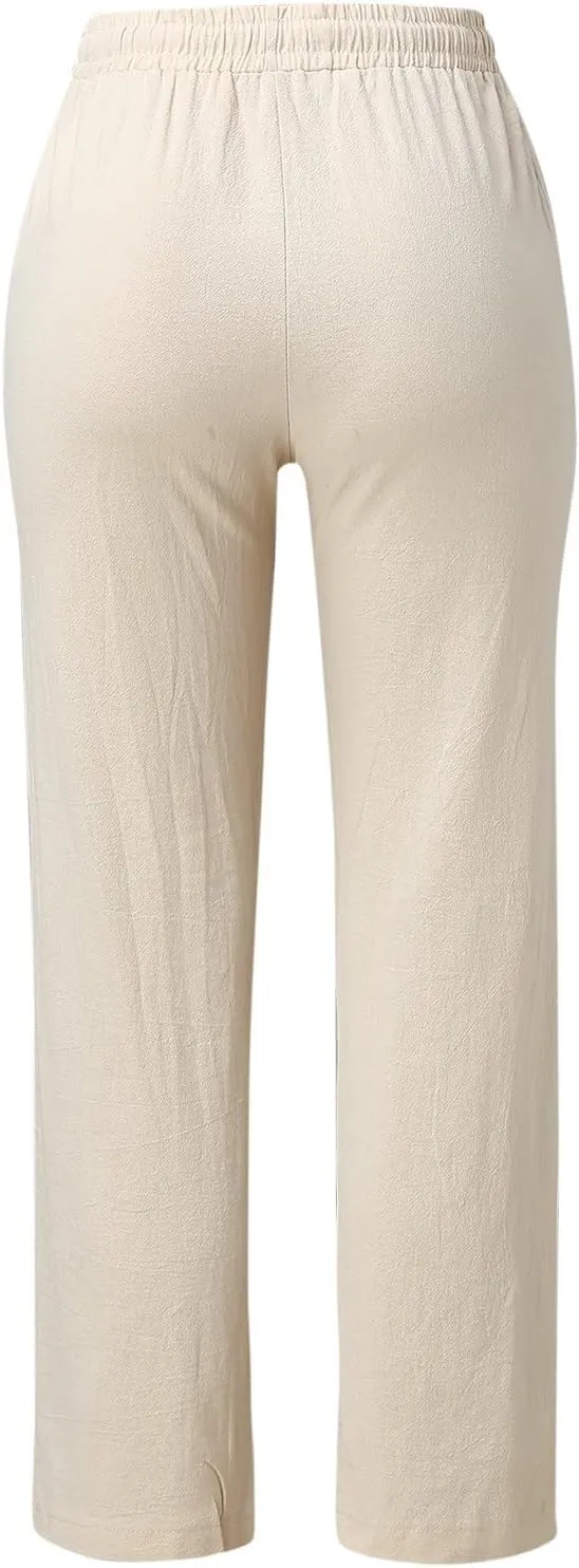 Womens Casual Linen High Waist Pants Straight Leg Drawstring Long Trouser Summer Loose Fit Pants with Pockets
