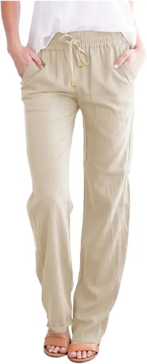 Womens Casual Linen High Waist Pants Straight Leg Drawstring Long Trouser Summer Loose Fit Pants with Pockets