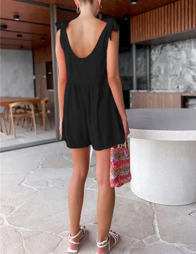 Women's Casual Tie Knot Wide Leg Rompers Sleeveless Boho Short Jumpsuits Overall Pants