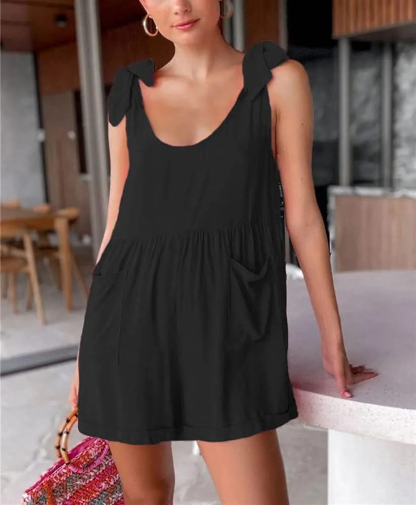Women's Casual Tie Knot Wide Leg Rompers Sleeveless Boho Short Jumpsuits Overall Pants