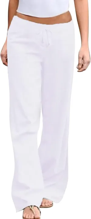 Womens Casual Wide Leg Pants Cotton Linen Straight Leg Drawstring Elastic High Waisted Long Pants Summer Beach Lounge Trouser