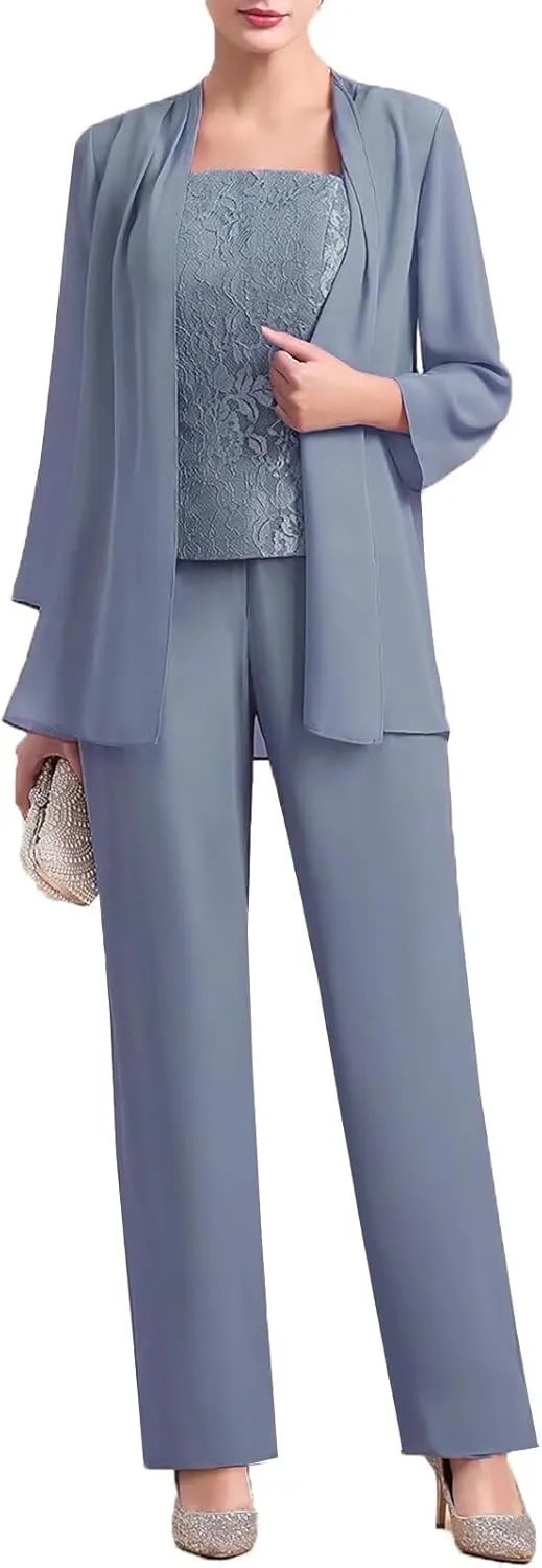 Womens Chiffon Pant Suits 3 Piece Mother of The Bride Dress Wedding Guest Dressy Outfit Evening Gowns