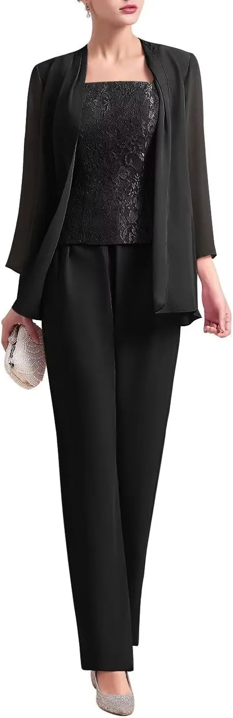 Womens Chiffon Pant Suits 3 Piece Mother of The Bride Dress Wedding Guest Dressy Outfit Evening Gowns