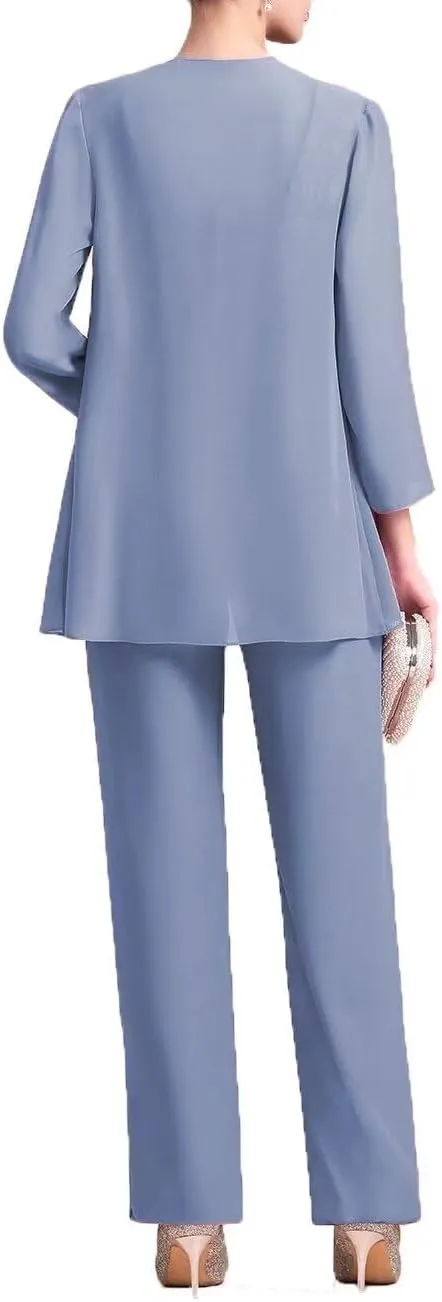 Womens Chiffon Pant Suits 3 Piece Mother of The Bride Dress Wedding Guest Dressy Outfit Evening Gowns