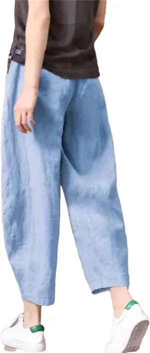 Womens Cotton Linen Harem Pants Vintage High Waist Elastic Ankle-Length Pants Loose Casual Beach Trousers