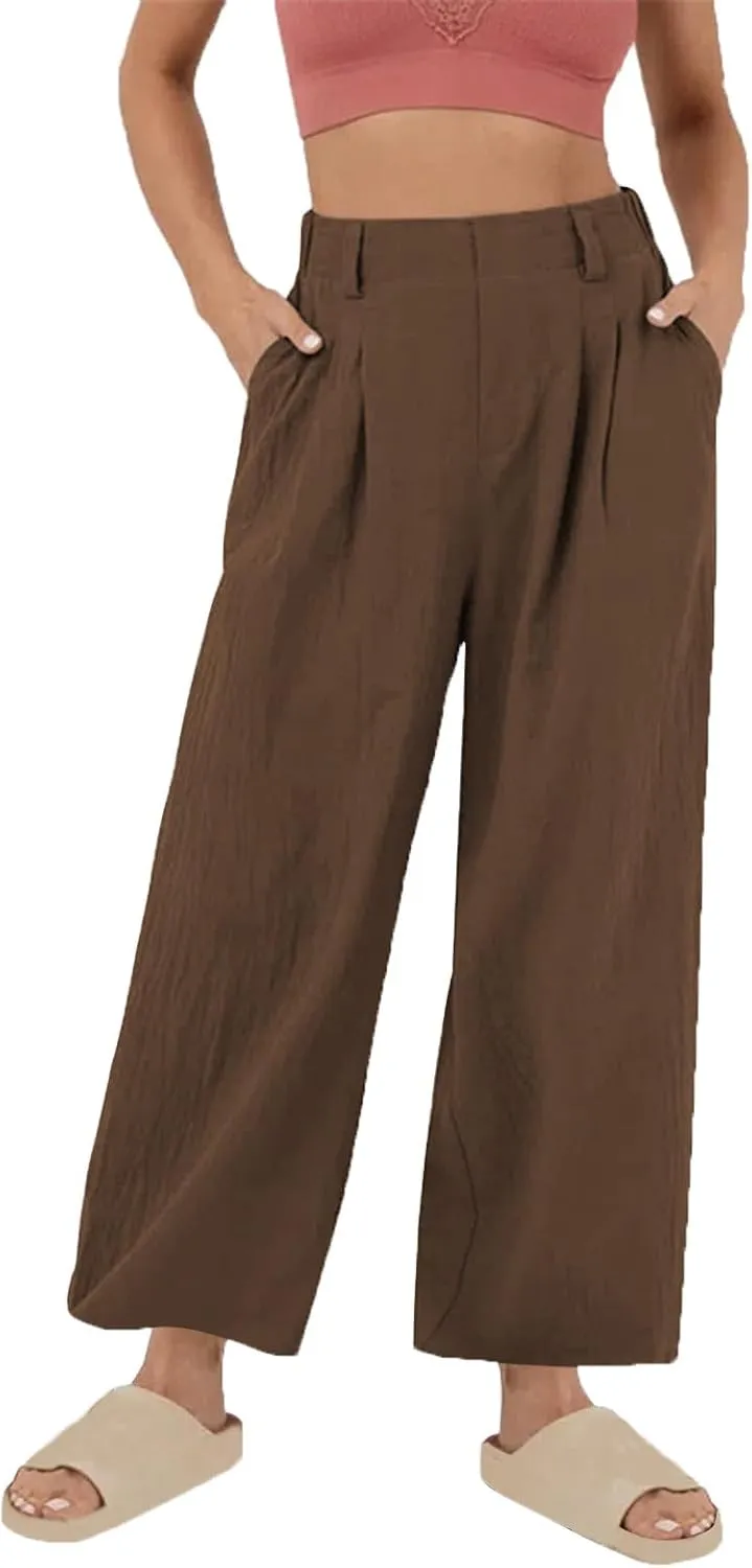 Womens Cotton Linen Pants Casual Loose High Waisted Wide Leg Palazzo Trousers Summer Beach Vacation Cropped Pant 2025