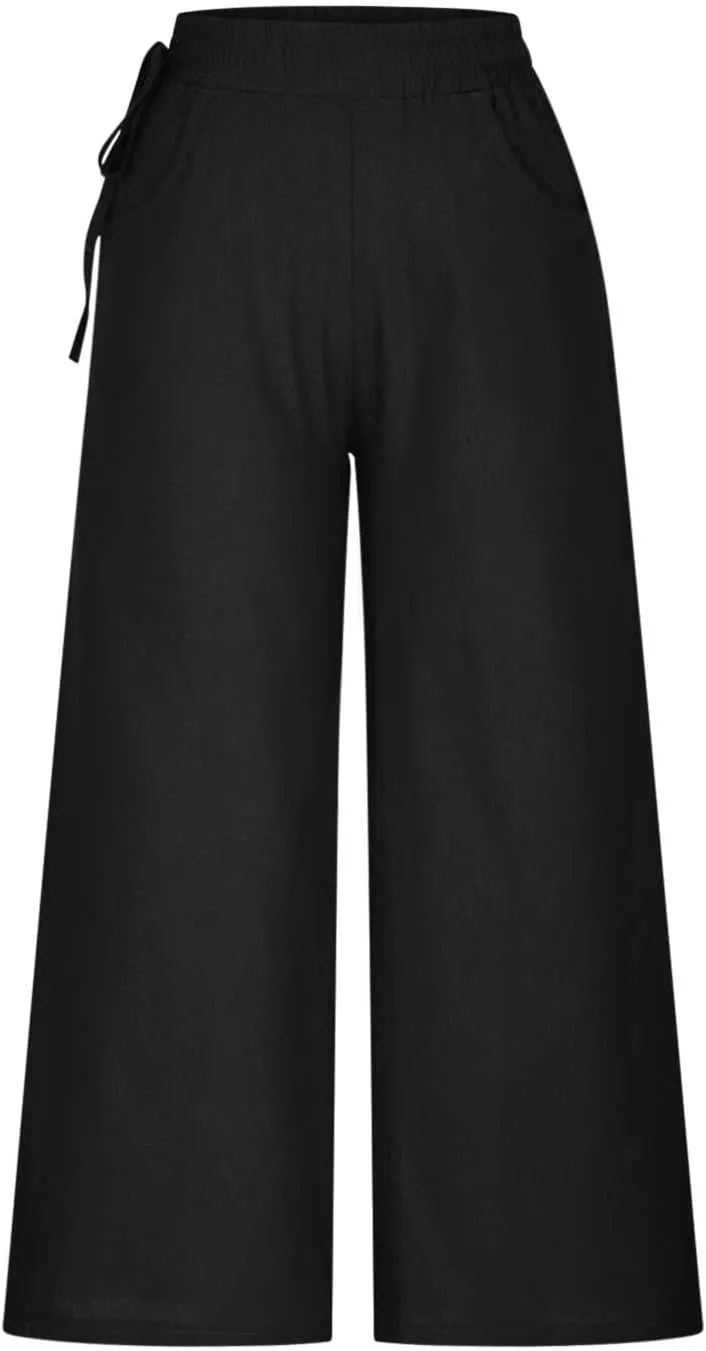 Women's Cotton Linen Pants Casual Solid Wide Leg Trousers Loose Elastic Waist Drawstring Palazzo Pant with Pockets
