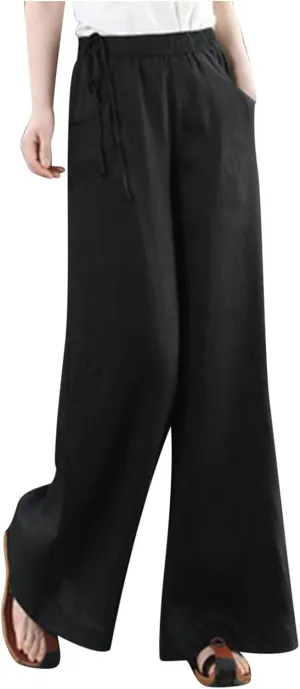Women's Cotton Linen Pants Casual Solid Wide Leg Trousers Loose Elastic Waist Drawstring Palazzo Pant with Pockets