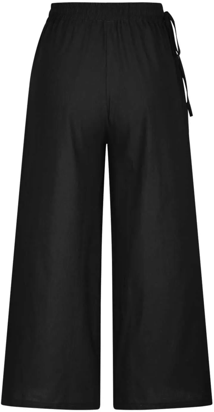 Women's Cotton Linen Pants Casual Solid Wide Leg Trousers Loose Elastic Waist Drawstring Palazzo Pant with Pockets