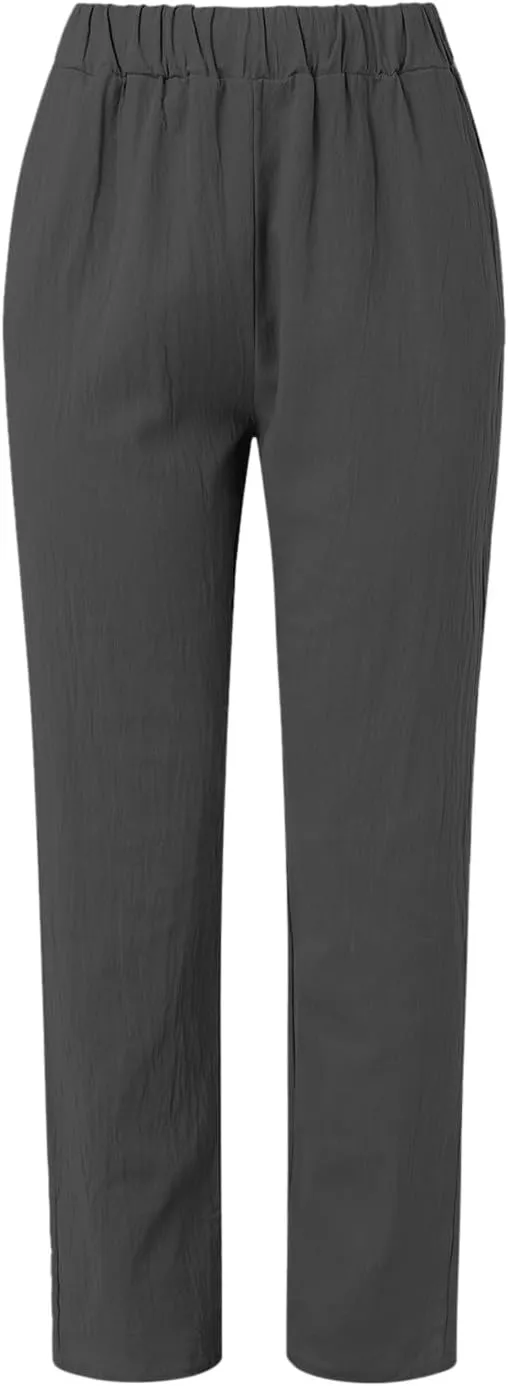 Women's Cotton Linen Pants Fashion Summer Casual Loose Elastic High Waisted Ankle Slacks Comfy Beach Trousers Pockets