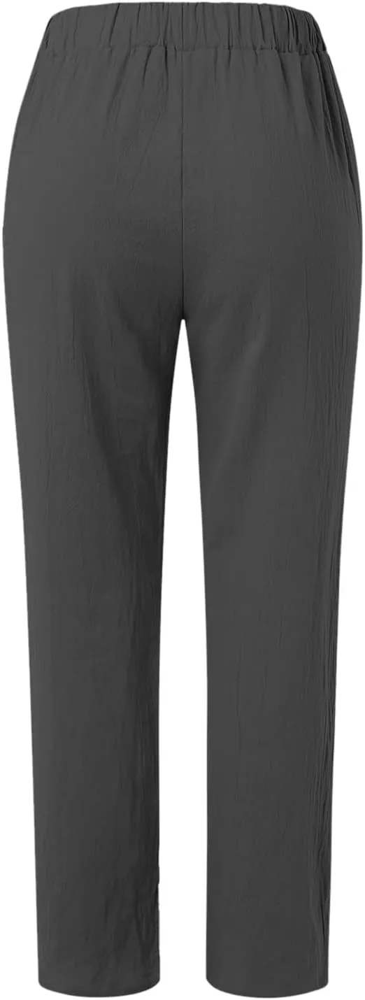 Women's Cotton Linen Pants Fashion Summer Casual Loose Elastic High Waisted Ankle Slacks Comfy Beach Trousers Pockets