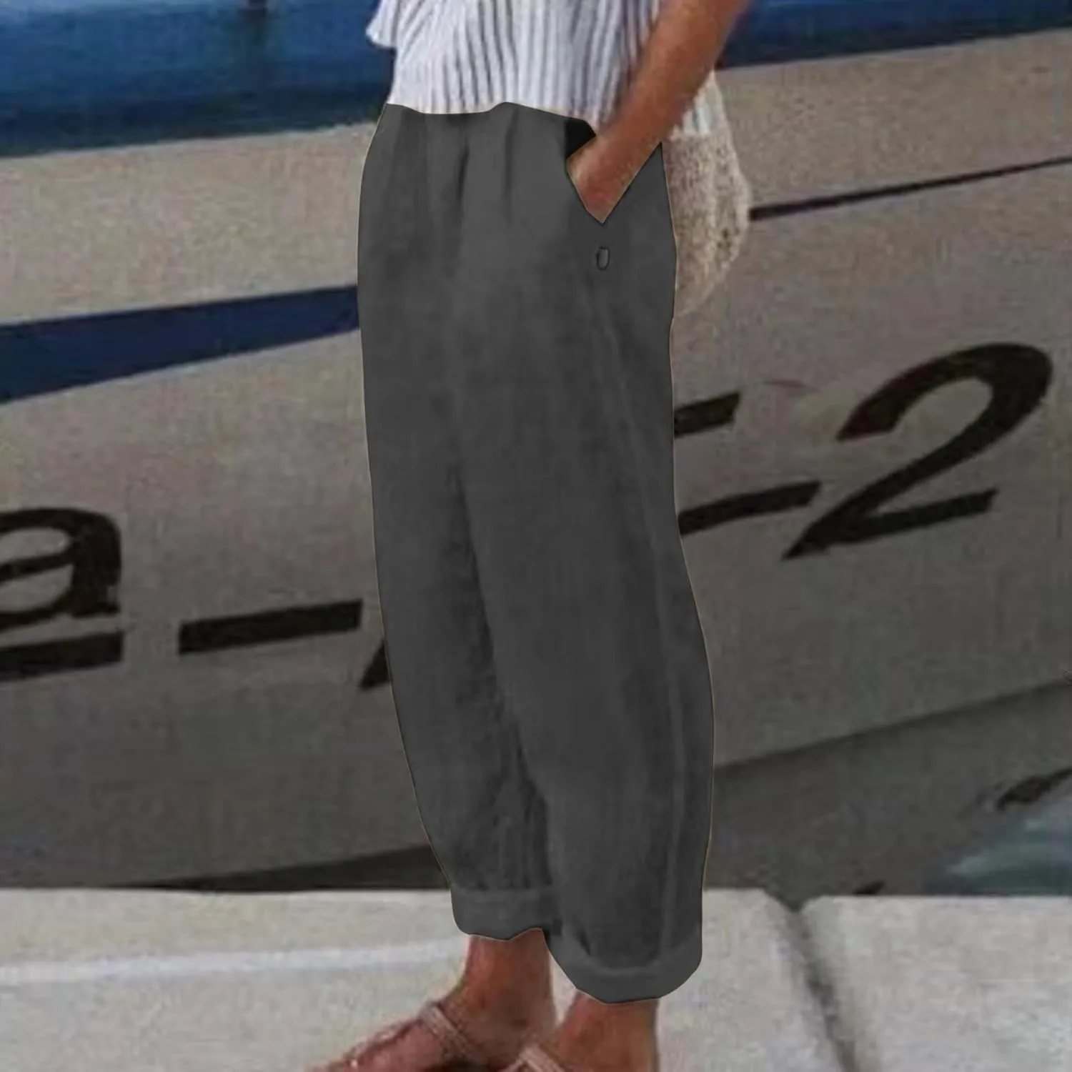 Women's Cotton Linen Pants Fashion Summer Casual Loose Elastic High Waisted Ankle Slacks Comfy Beach Trousers Pockets
