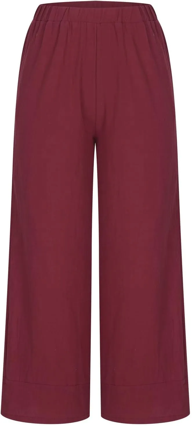 Womens Cotton Linen Pants Lightweight Summer Wide Leg Palazzo Trousers Stretchy High Waisted Casual Pants Slacks