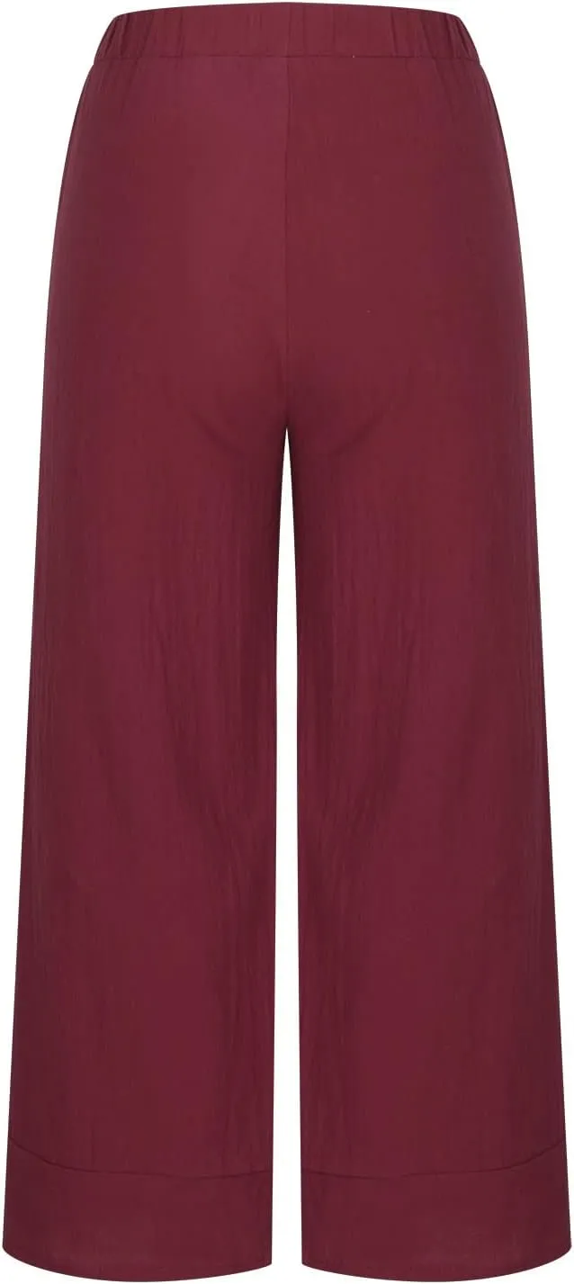 Womens Cotton Linen Pants Lightweight Summer Wide Leg Palazzo Trousers Stretchy High Waisted Casual Pants Slacks