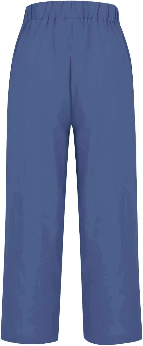 Women's Cotton Linen Pants Straight Elastic Pants Loose Elastic High Waisted Wide Leg Beach Trousers with Pockets