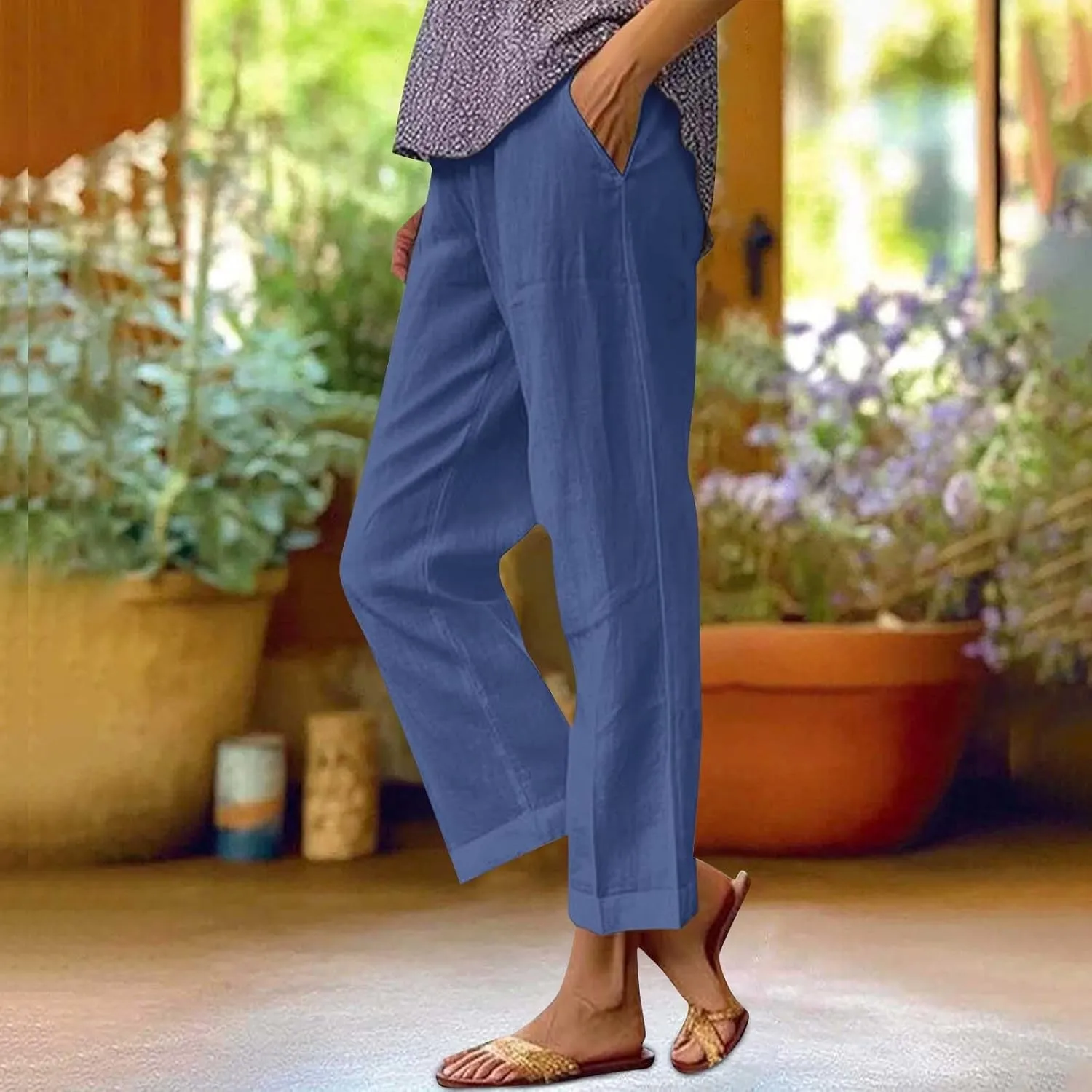 Women's Cotton Linen Pants Straight Elastic Pants Loose Elastic High Waisted Wide Leg Beach Trousers with Pockets