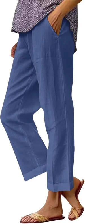 Women's Cotton Linen Pants Straight Elastic Pants Loose Elastic High Waisted Wide Leg Beach Trousers with Pockets