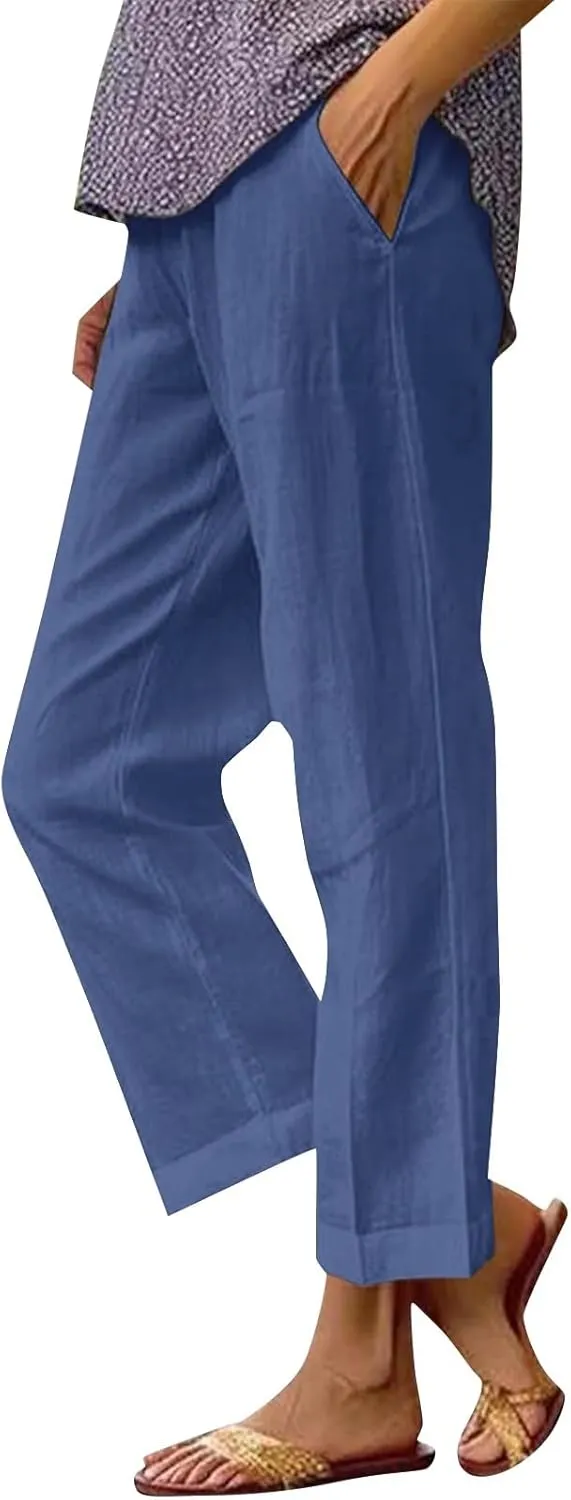 Women's Cotton Linen Pants Straight Elastic Pants Loose Elastic High Waisted Wide Leg Beach Trousers with Pockets