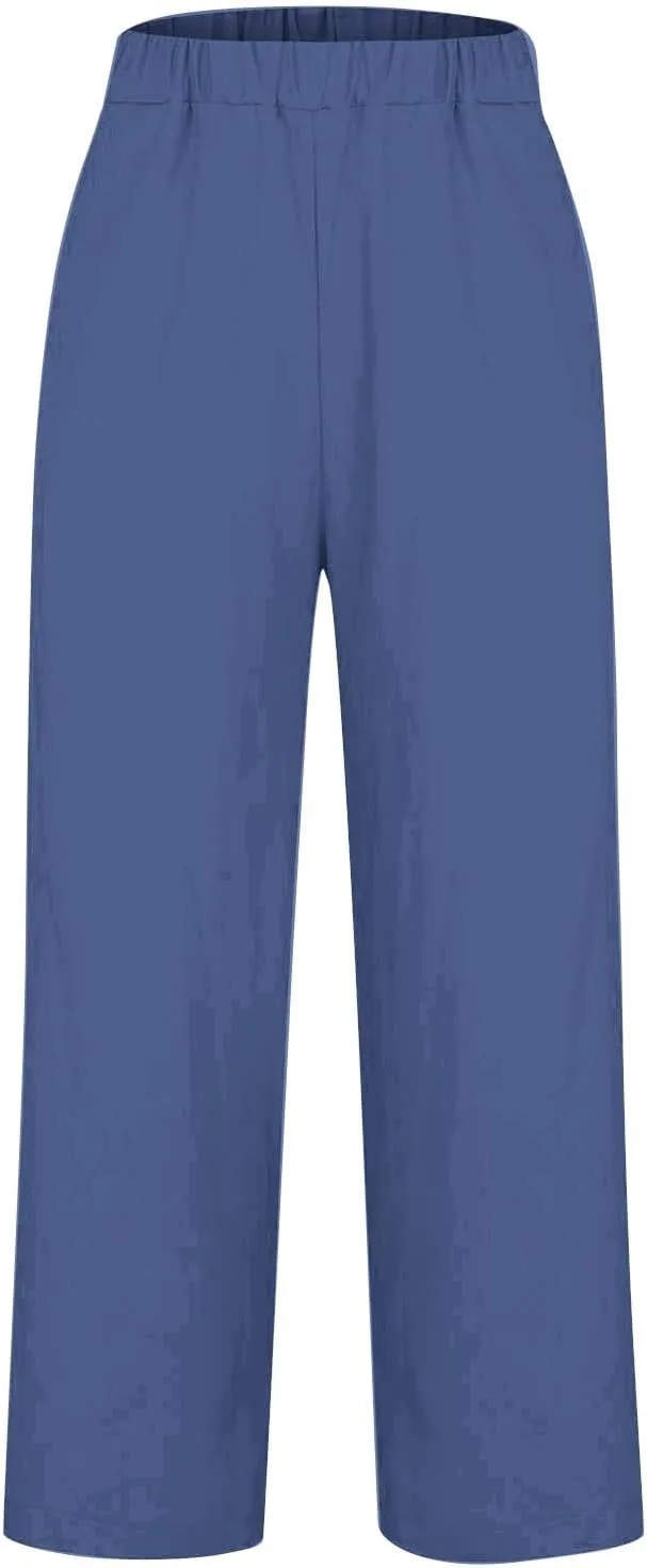 Women's Cotton Linen Pants Straight Elastic Pants Loose Elastic High Waisted Wide Leg Beach Trousers with Pockets