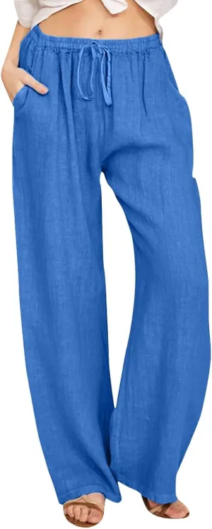 Women's Cotton Linen Pants Summer Wide Leg Casual Loose Drawstring High Waist Palazzo Pants Lightweight Trousers with Pockets My Recent Orders Placed by Me B2 Blue,L, Large