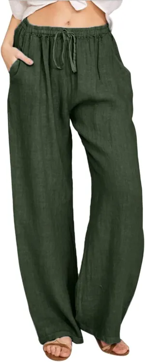 Womens Cotton Linen Summer Baggy Palazzo Lounge Pants Elastic Waist Bootcut Loose Fit Pants Business Work