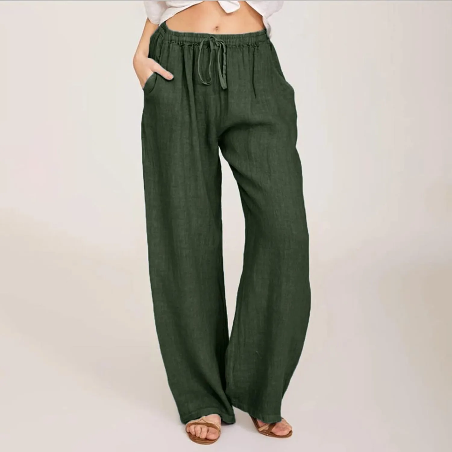 Womens Cotton Linen Summer Baggy Palazzo Lounge Pants Elastic Waist Bootcut Loose Fit Pants Business Work