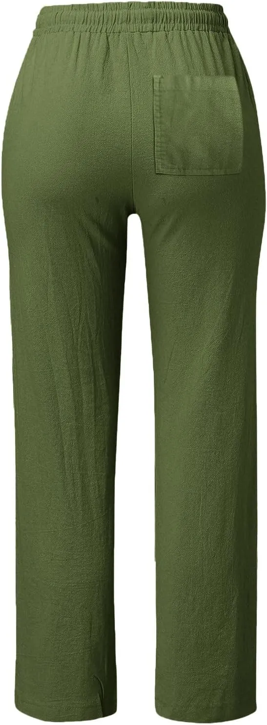 Womens Cotton Linen Summer Letter Patched Palazzo Pants Elastic Waisted Stretchy Straight Slim-Fit Pants Vacation