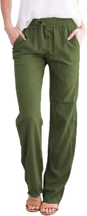 Womens Cotton Linen Summer Letter Patched Palazzo Pants Elastic Waisted Stretchy Straight Slim-Fit Pants Vacation