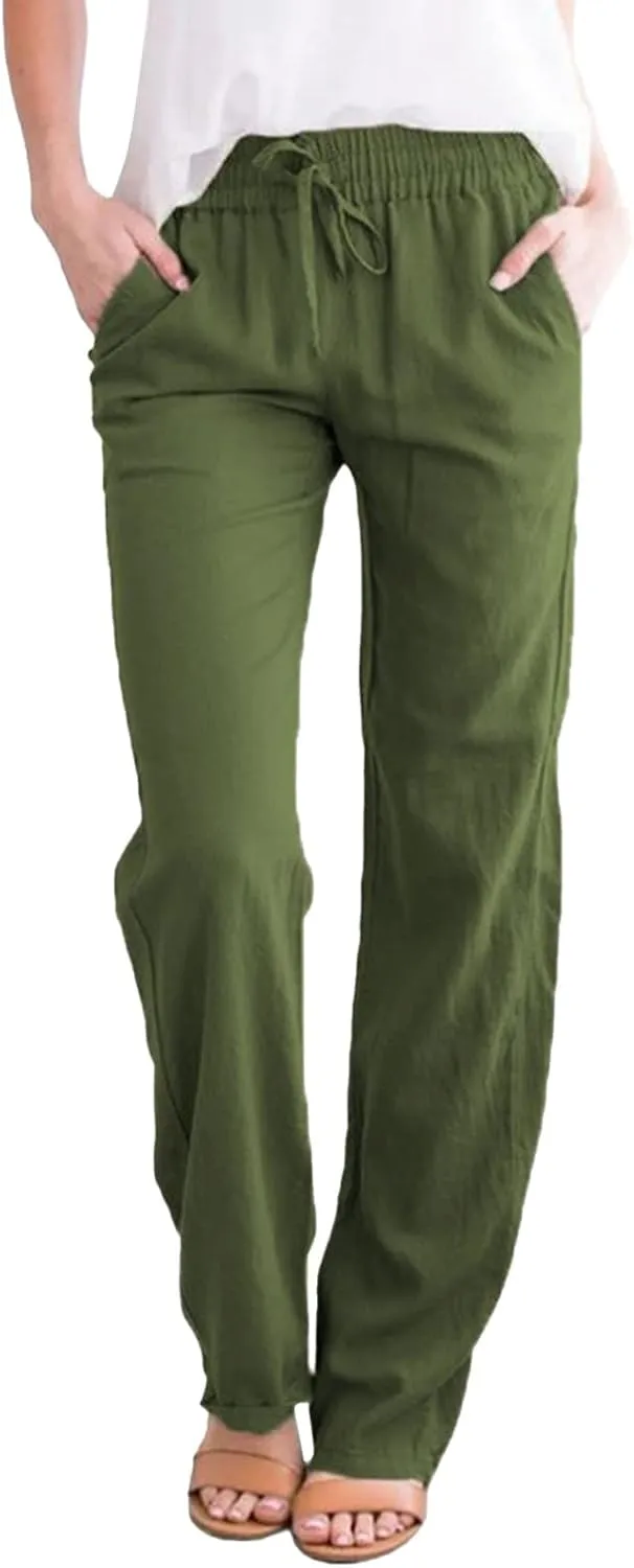 Womens Cotton Linen Summer Letter Patched Palazzo Pants Elastic Waisted Stretchy Straight Slim-Fit Pants Vacation