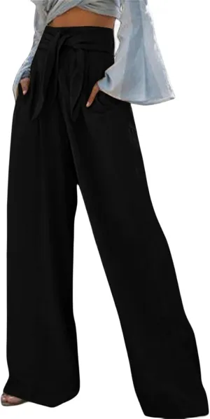 Women's Drawstring Wide Leg Lounge Pants Cotton Linen Summer High Waisted Flowy Casual Trousers Palazzo Loose Pants