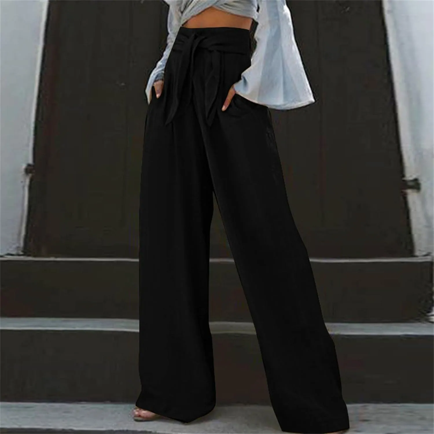 Women's Drawstring Wide Leg Lounge Pants Cotton Linen Summer High Waisted Flowy Casual Trousers Palazzo Loose Pants