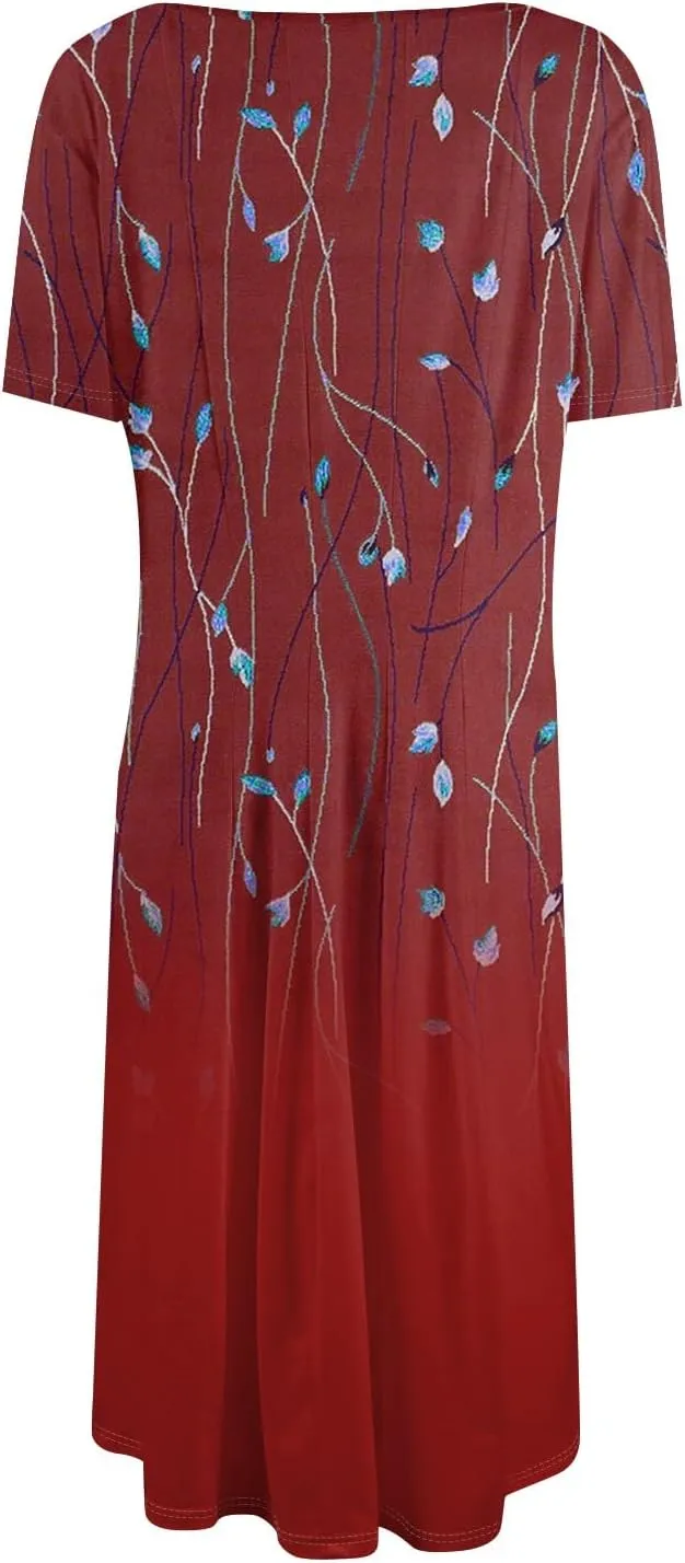 Womens Dresses 2025 Summer Midi Sun Dress Vacation Cinch Waist Crewneck Short Sleeve A Line Dress Side Pockets