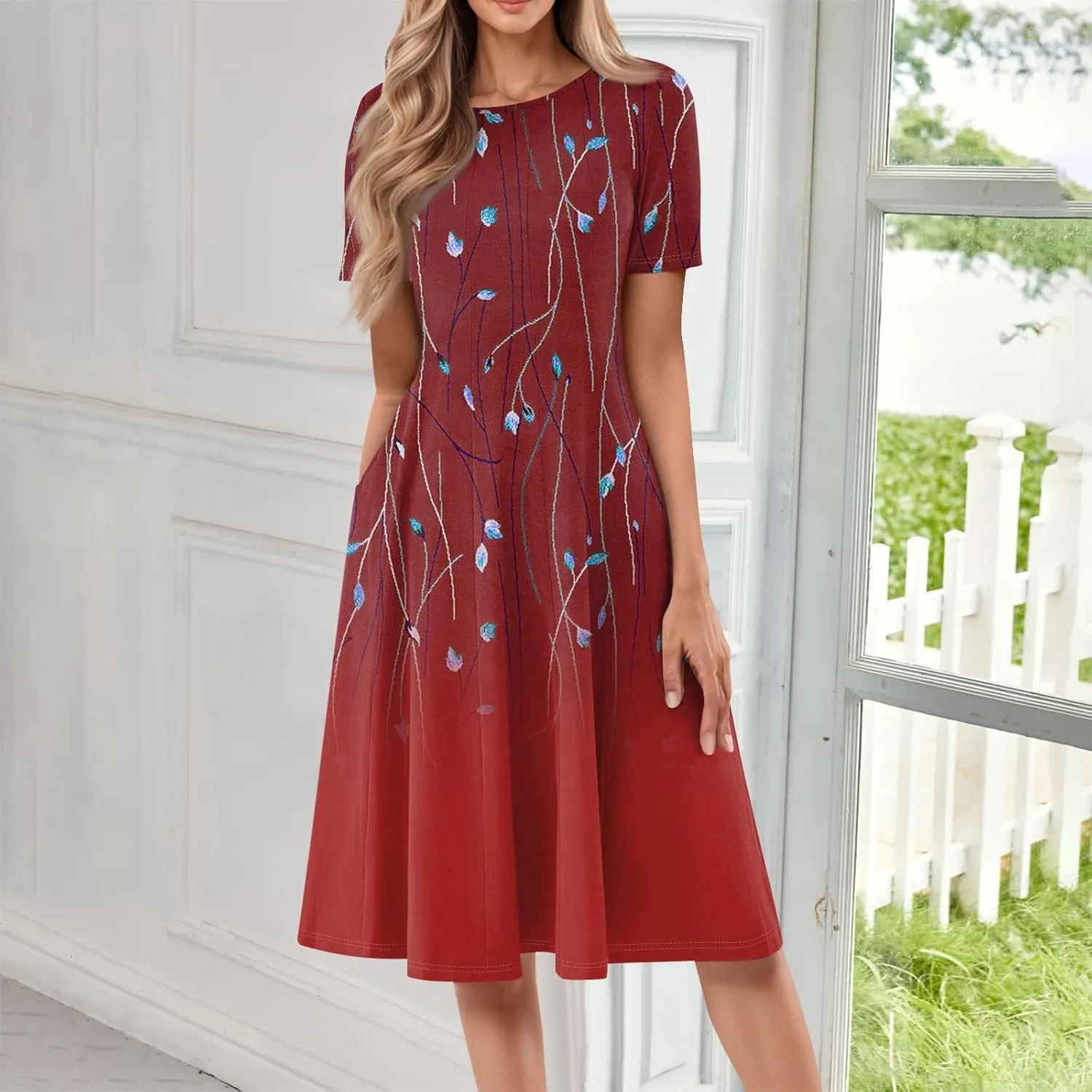 Womens Dresses 2025 Summer Midi Sun Dress Vacation Cinch Waist Crewneck Short Sleeve A Line Dress Side Pockets