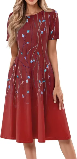 Womens Dresses 2025 Summer Midi Sun Dress Vacation Cinch Waist Crewneck Short Sleeve A Line Dress Side Pockets