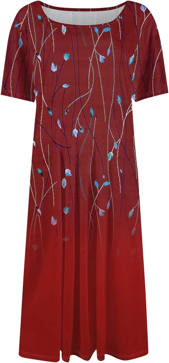 Womens Dresses 2025 Summer Midi Sun Dress Vacation Cinch Waist Crewneck Short Sleeve A Line Dress Side Pockets