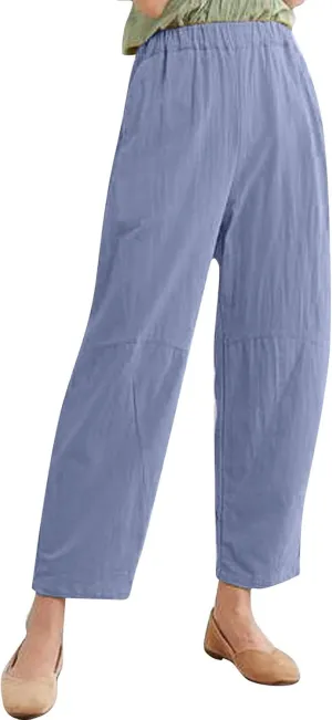 Womens Fashion Wide Leg Pants Cotton Linen Patchwork Elastic Waist Lounge Harem Pants Summer Loose Comfy Solid Color Trousers