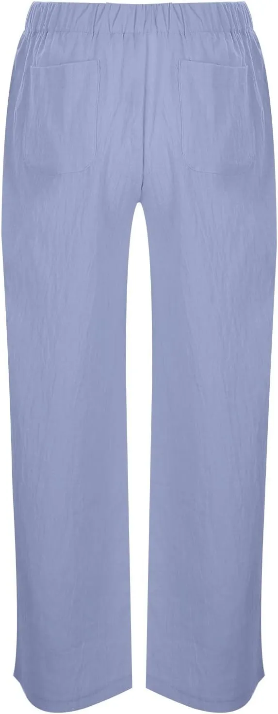 Womens Fashion Wide Leg Pants Cotton Linen Patchwork Elastic Waist Lounge Harem Pants Summer Loose Comfy Solid Color Trousers