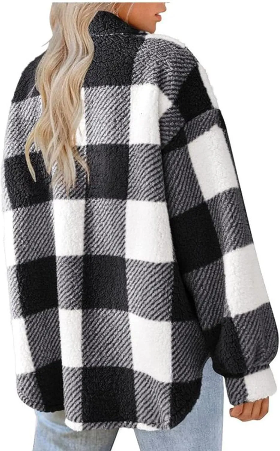 Womens Fuzzy Fleece Plaid Shacket Jacket Buffalo Plaid Flannel Sherpa Puffer Coat Button Down Sherpa Shacket
