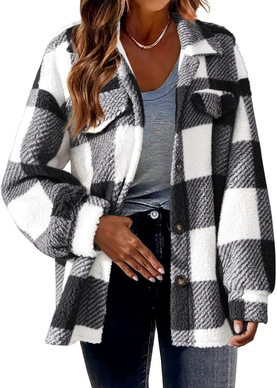 Womens Fuzzy Fleece Plaid Shacket Jacket Buffalo Plaid Flannel Sherpa Puffer Coat Button Down Sherpa Shacket